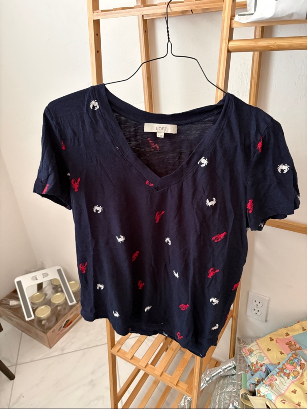 LOFT Navy V-Neck Tee with Red & White Nautical Motifs